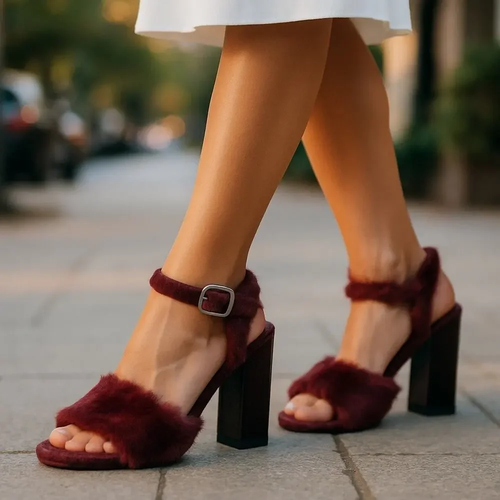 Kenneth Cole Melanie High Heel Sandals Sz 8 Burgundy Fluffy Open Toe